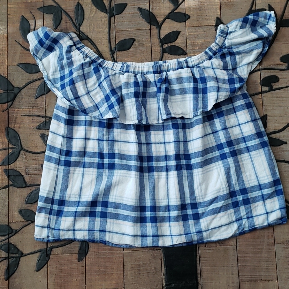 Zara Basic crop off shoulder blue checkered Plaid top EUC Medium